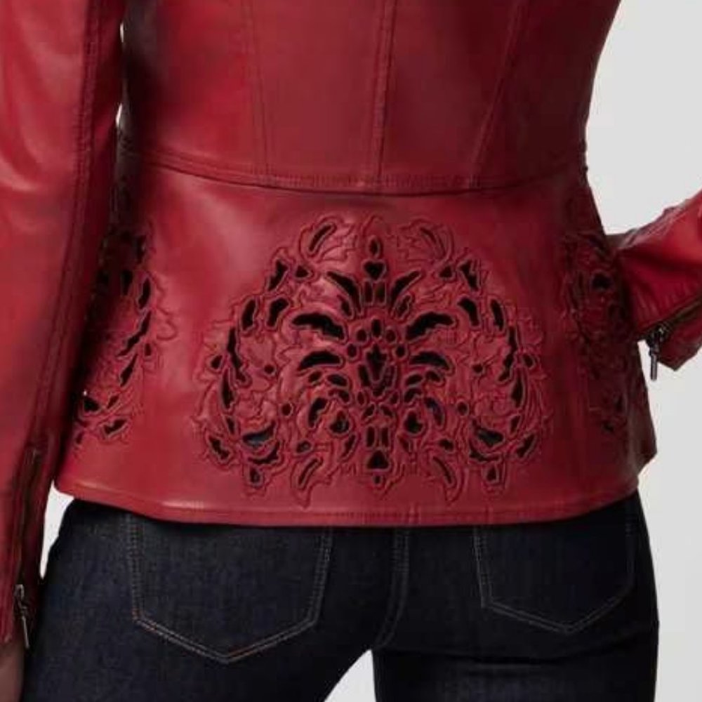 WHBM NWT Cutwork Coated Denim Flirty Jacket Dark Red LEATHER LOOK - Picture 6 of 12